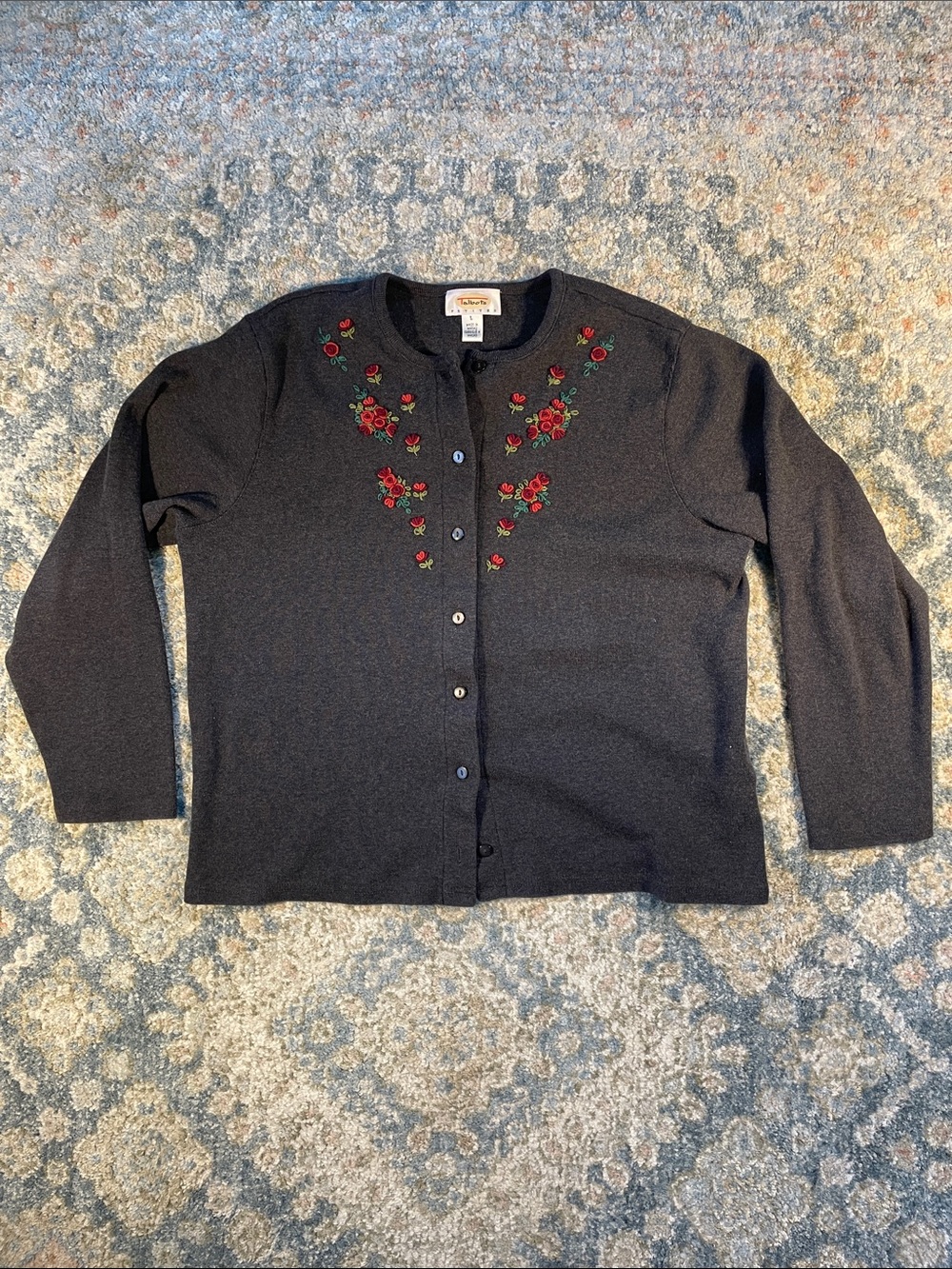 Talbots Petites Embroidered Rose Black Button-Front Women's Cardigan Lg
